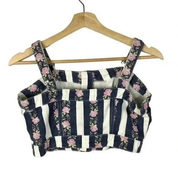 Forever 21 Blue & White Stripe Purple Floral Denim Crop Tank Top M - Picture 2 of 3